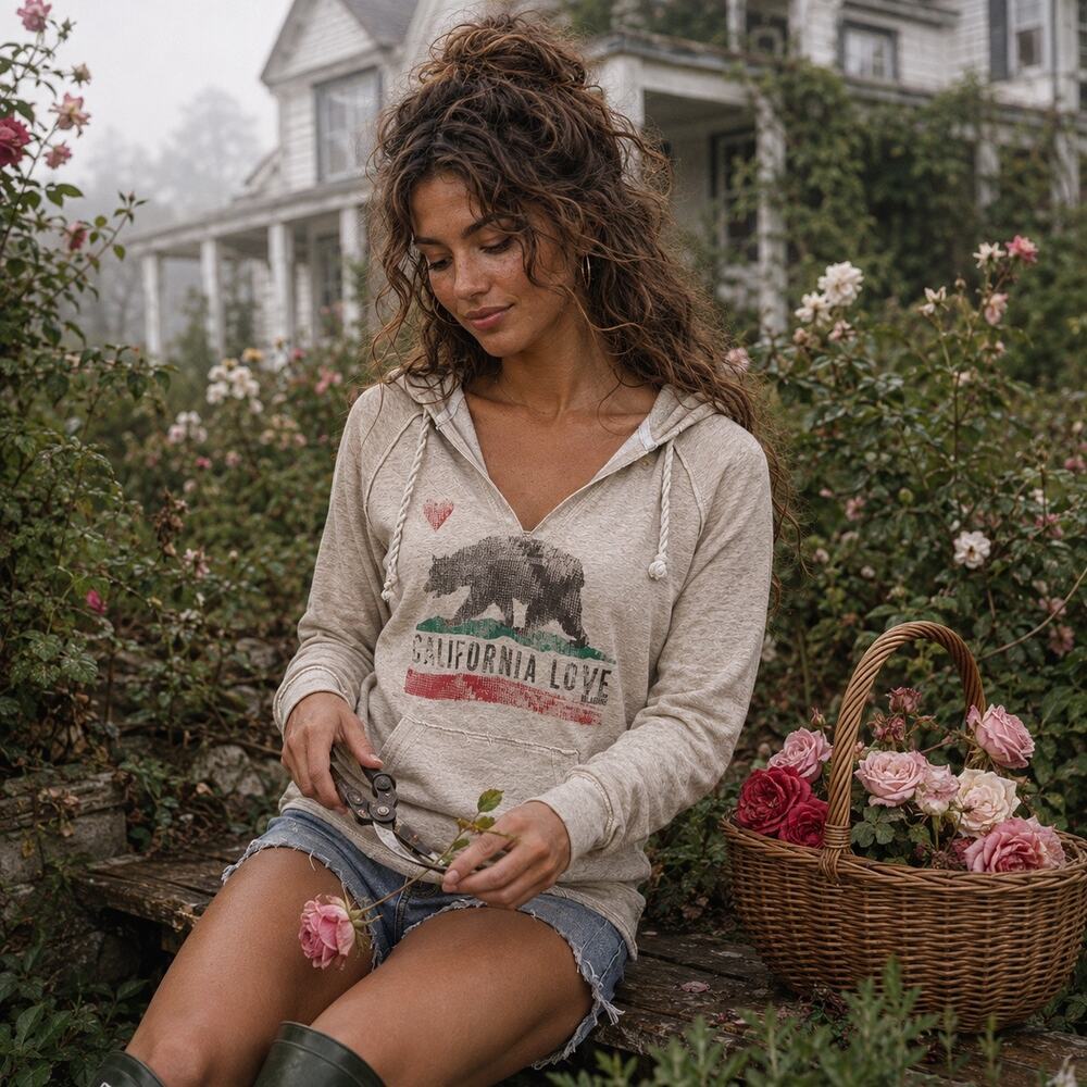 Y2K Billabong California Love Bear Raw Edge Hoodie L